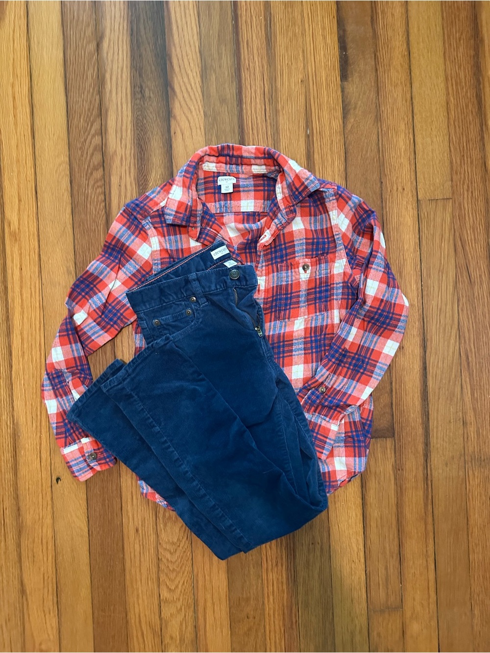 J Crew Boys Red Plaid Button-Up Shirt and Blue Corduroy Pants
